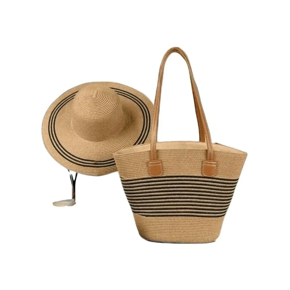 Straw Tote Bag and Wide Brim Sun Hat Set Striped‎ Beach Vacation